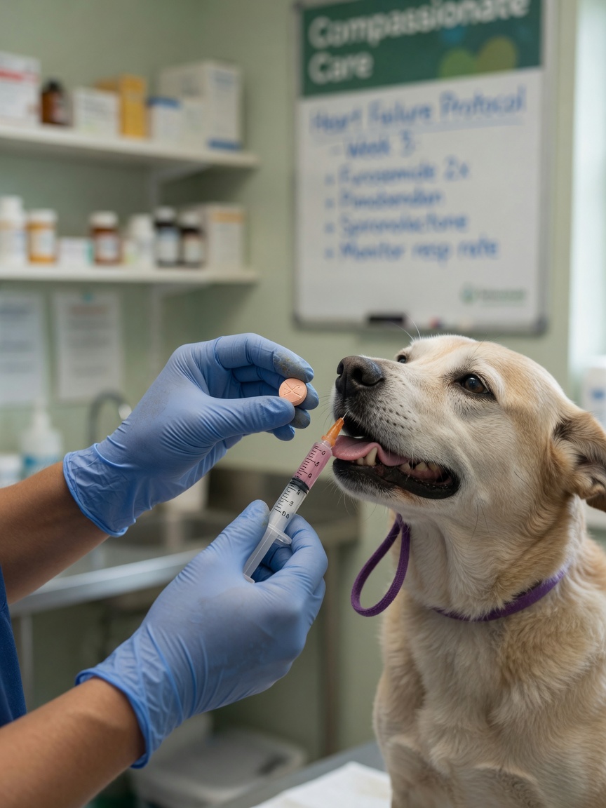 Veterinarian administering medication to cooperative dog during heart failure treatment session