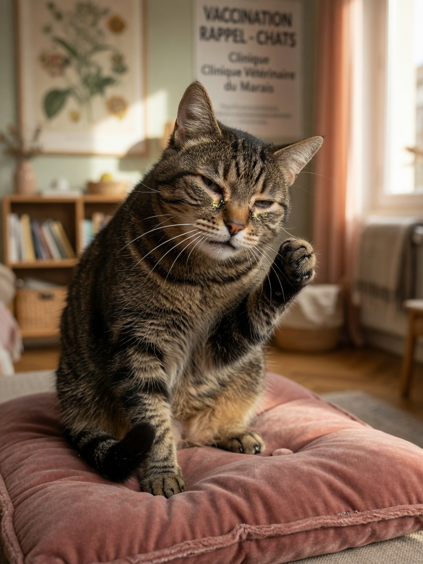 A tabby cat showing signs of viral conjunctivitis with eye inflammation and upper respiratory symptoms, sitting uncomfortably indoors