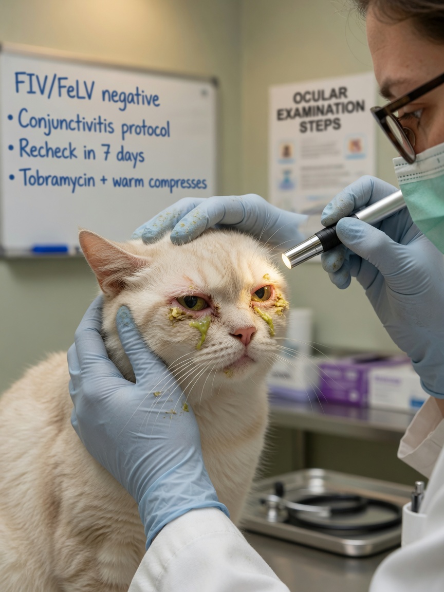 Veterinarian examining a cat's eye showing purulent discharge and crusting characteristic of bacterial conjunctivitis