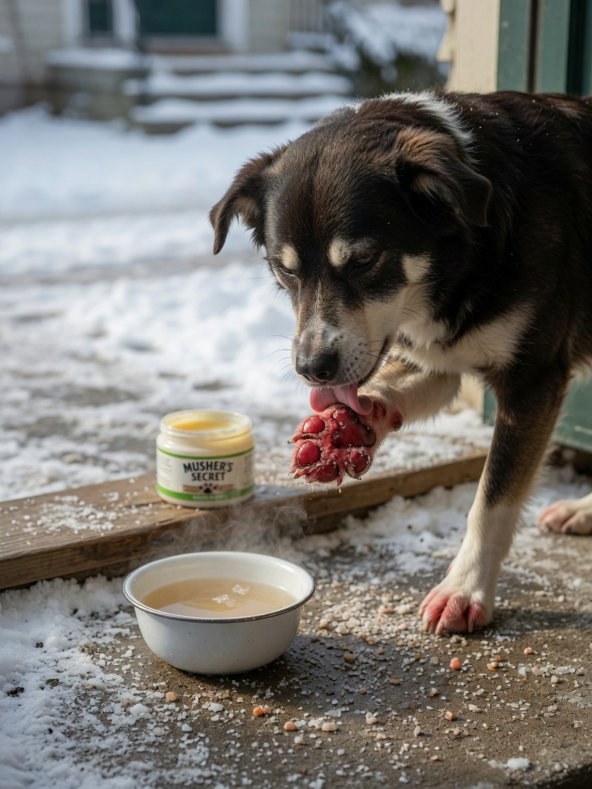 Dog with inflamed paws standing on road salt and grit, with warm water bowl and paw wax nearby for winter paw protection