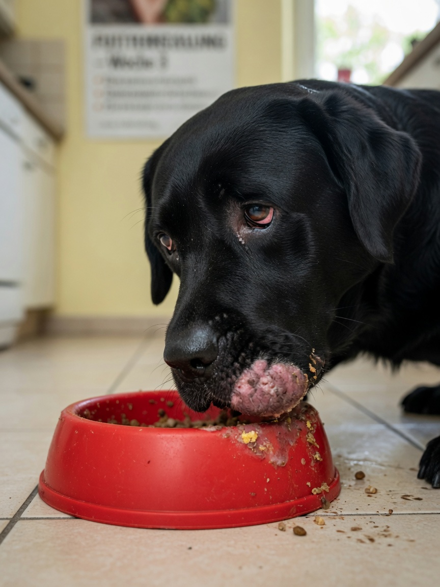 Black Labrador with chin and muzzle dermatitis next to rubber food bowl, showing contact dermatitis from bowl material