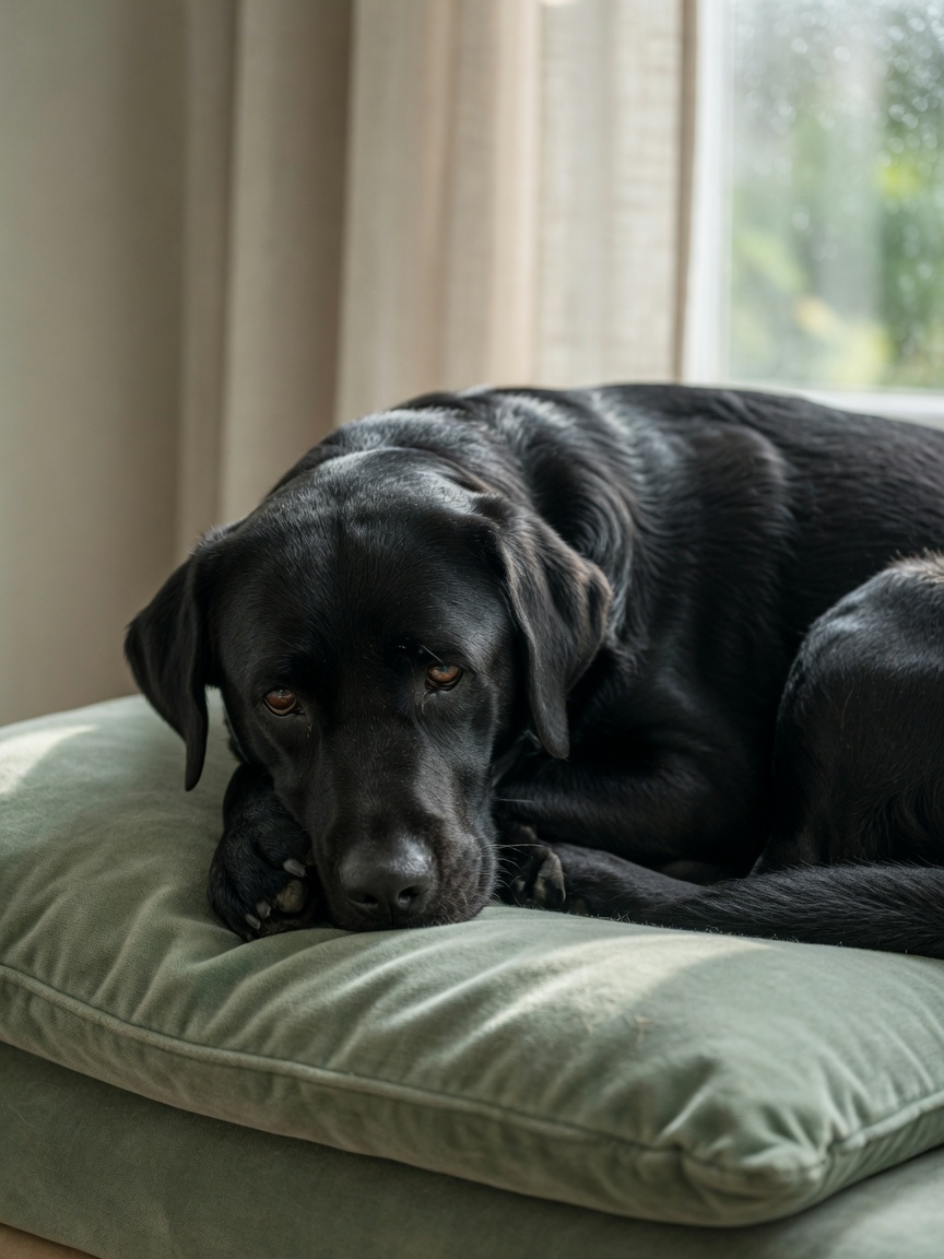 Fatigued black Labrador Retriever resting, showing signs of lethargy from copper storage disease