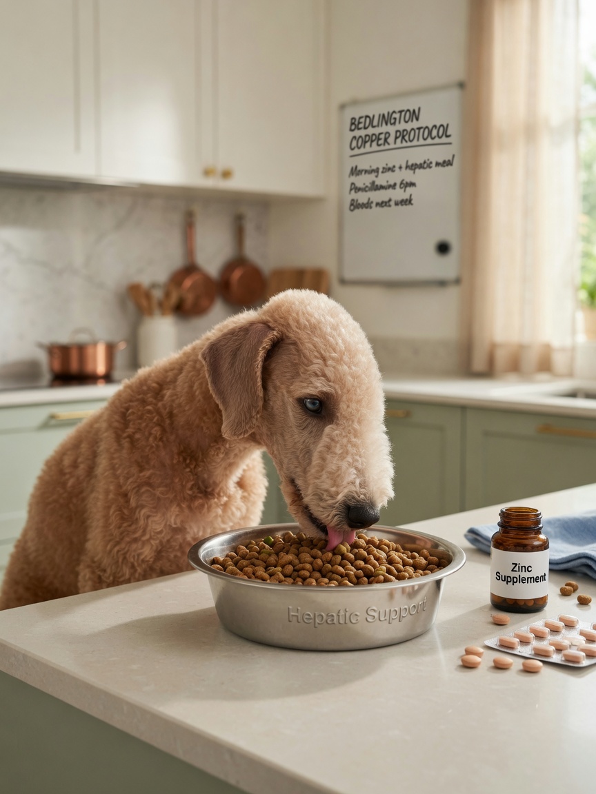 Bedlington Terrier eating from a bowl with zinc supplement and medication tablets nearby on the counter