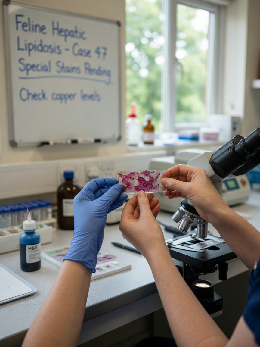 Veterinary pathologist examining liver biopsy tissue under microscope
