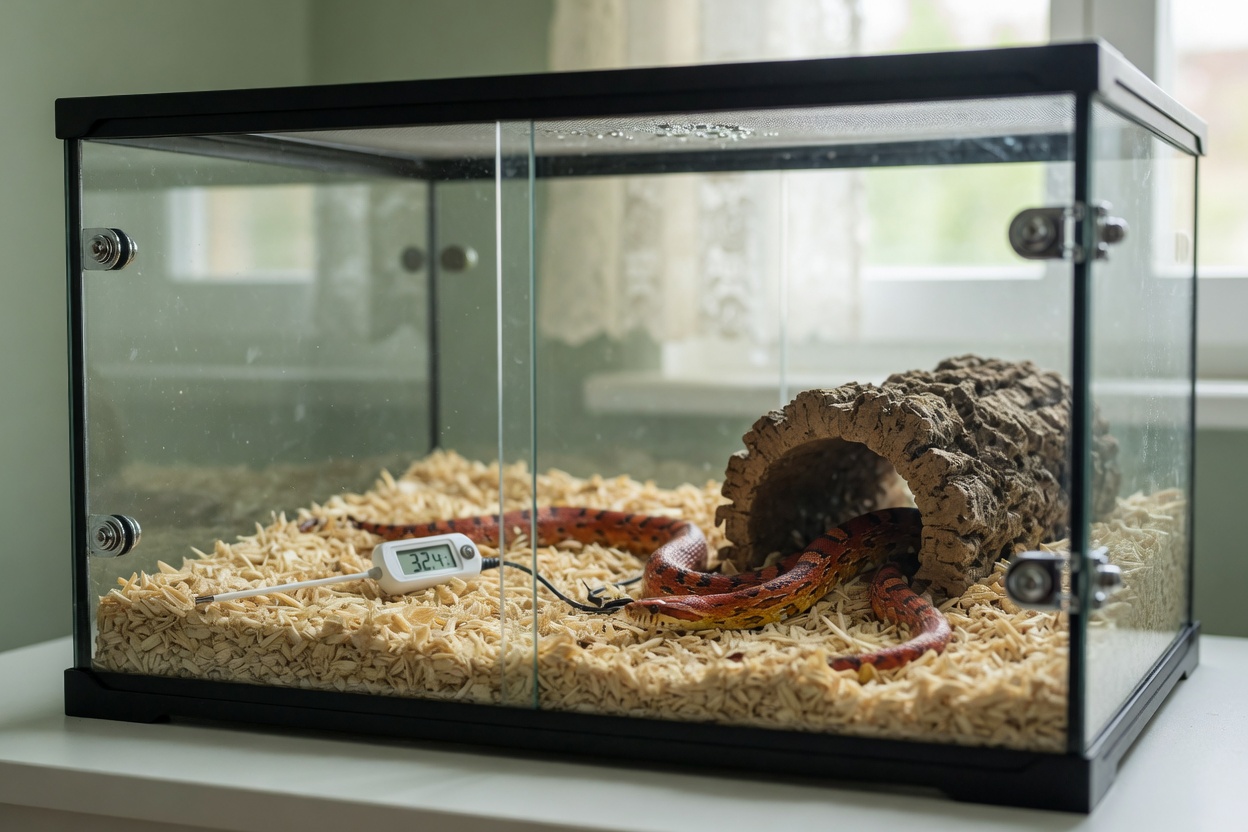 A front-opening glass vivarium setup for corn snakes with hiding spots and temperature monitoring equipment