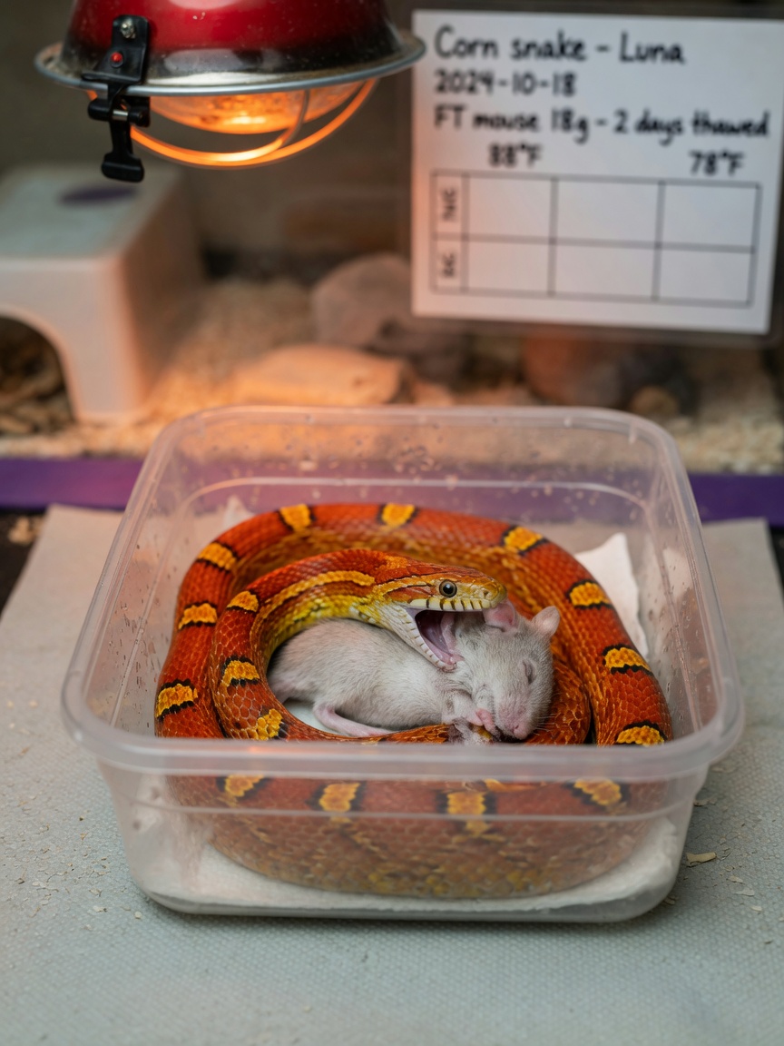 A corn snake preparing to feed on pre-killed frozen-thawed prey in a separate feeding tub, showing proper EU-compliant feeding practice