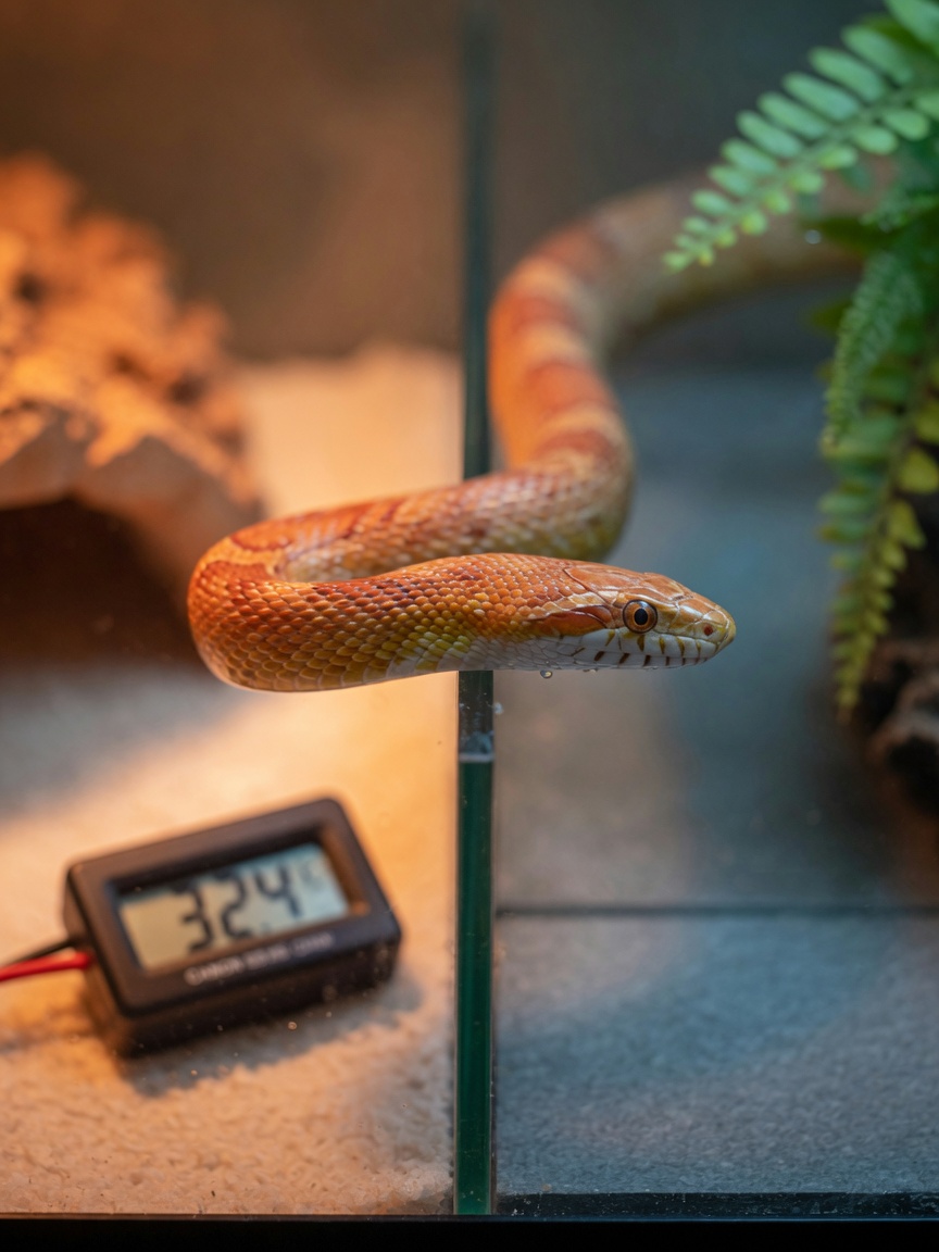 Corn snake positioned between warm and cool zones of enclosure showing temperature gradient with heat lamp creating amber glow