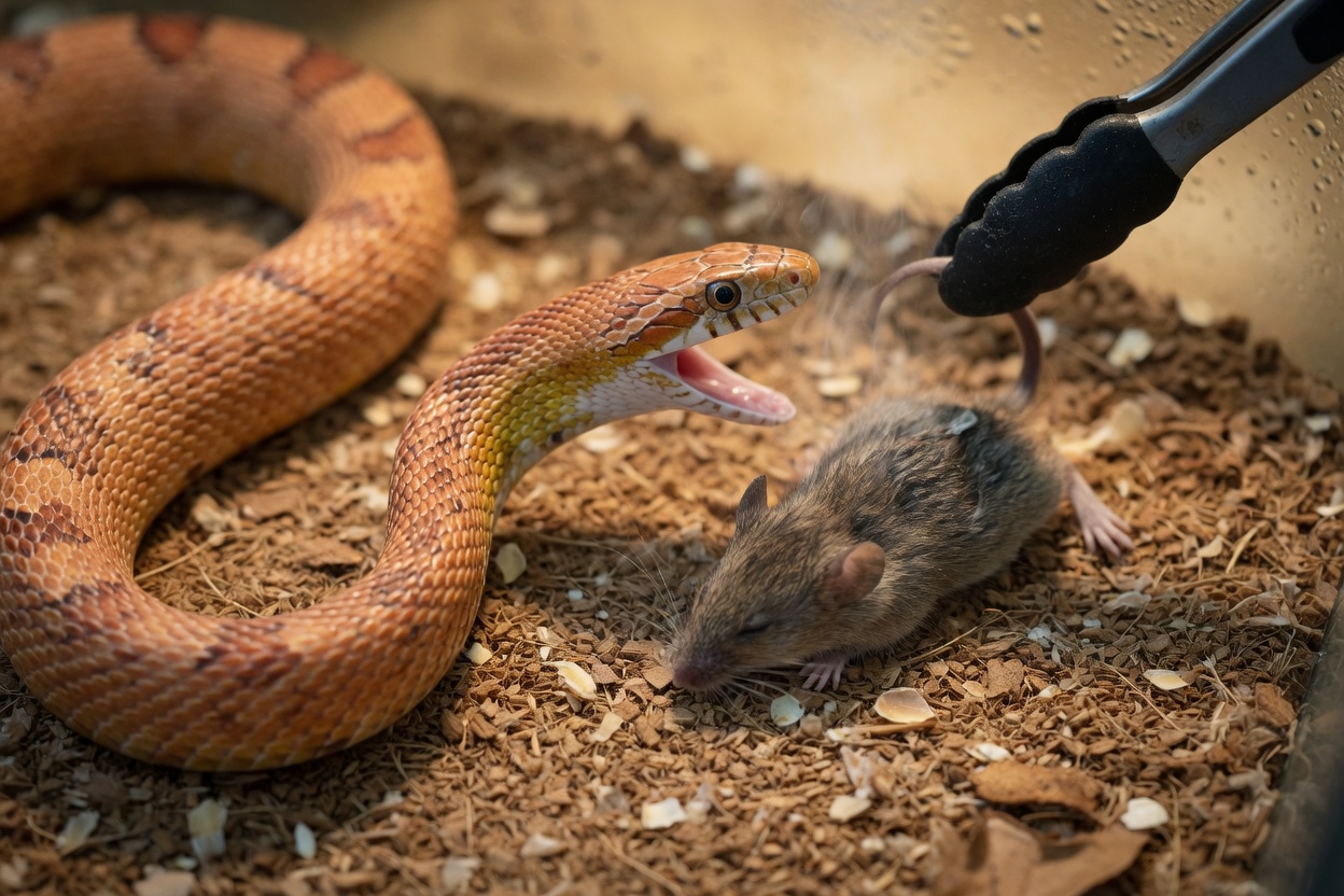 Corn snake feeding on appropriately-sized frozen-thawed mouse with feeding tongs visible, showing proper feeding technique