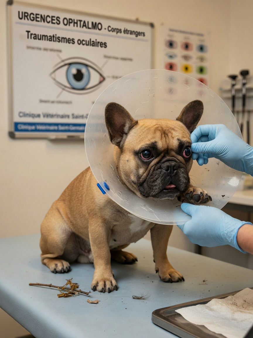 Franse Bulldog met uitstekende ogen in een halskraag die door een dierenarts wordt onderzocht op hoornvliespulletje door fysiek trauma