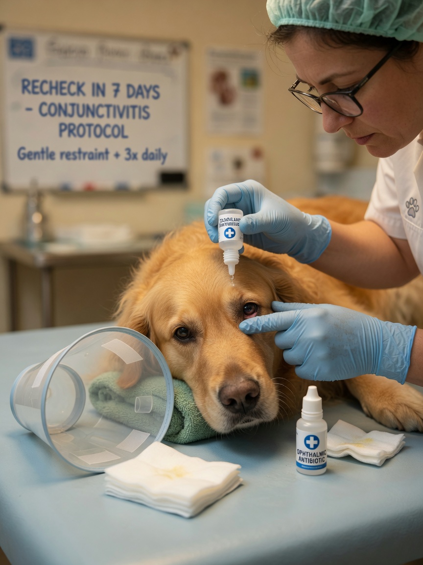Dierenarts die antibiotische oogdruppels toedient aan een hond met hoornvliespulletjebehandeling