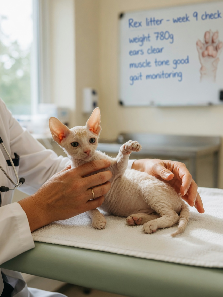 Cornish Rex kitten being examined by a veterinarian during a health assessment on a soft table