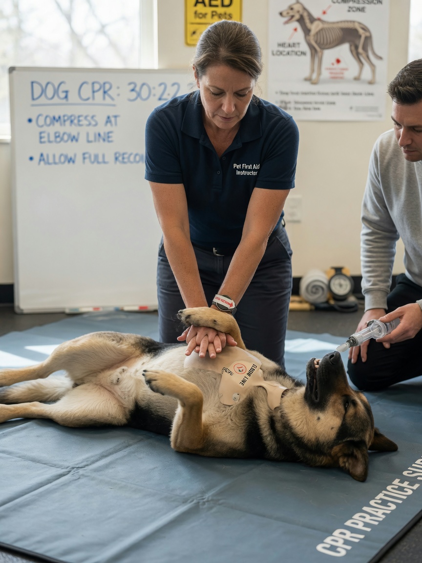 Pet first aid instructor demonstrating proper CPR hand placement and chest compression technique on a training manikin