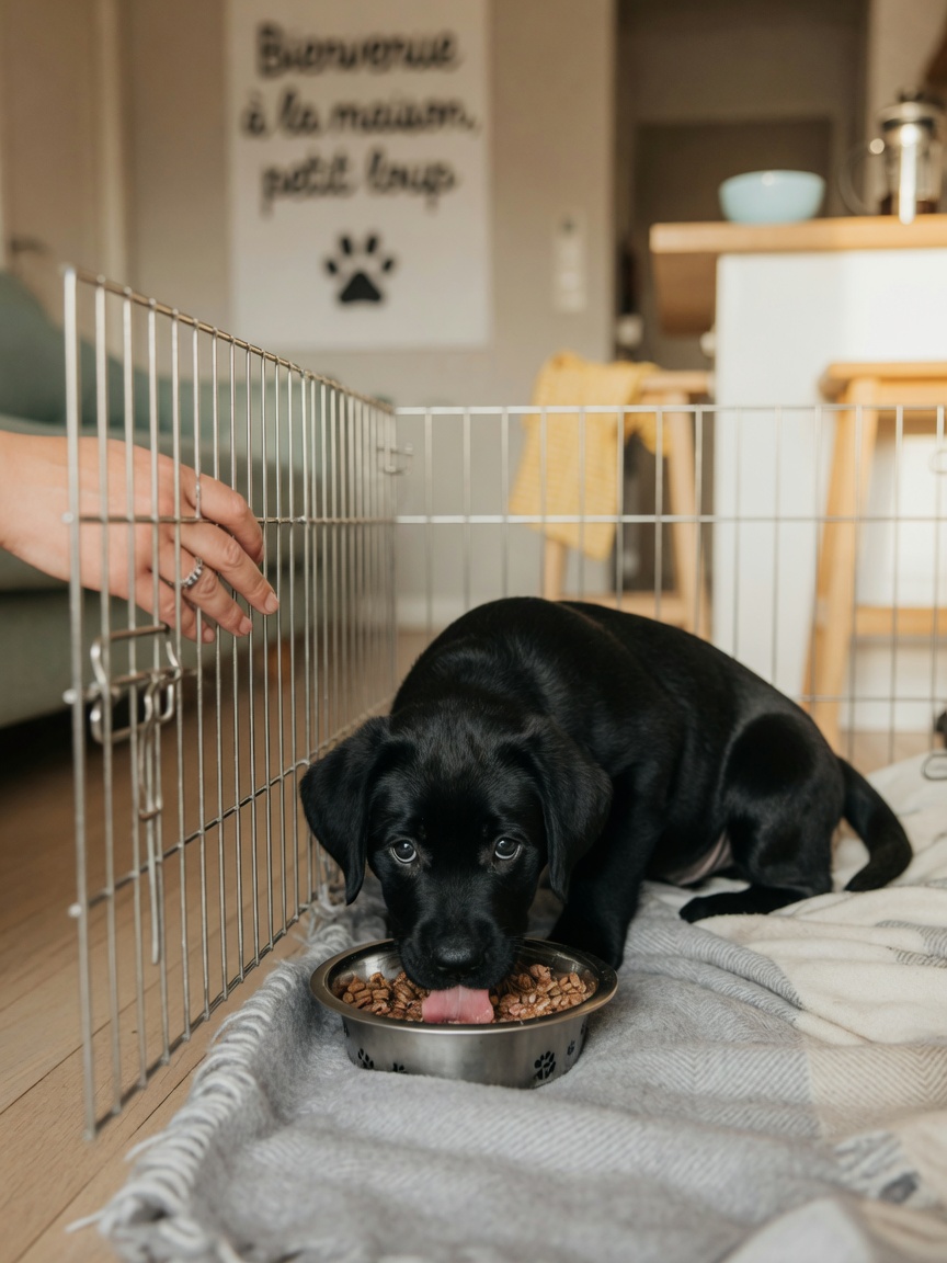 Puppy eating inside open crate with human nearby providing calm reassurance