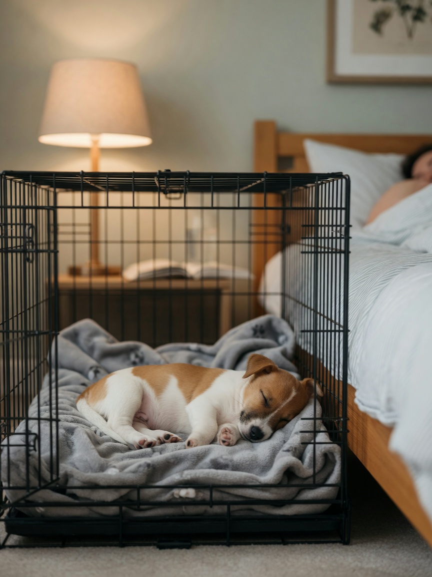 Sleeping puppy in crate positioned beside owner's bed showing safe proximity and comfort