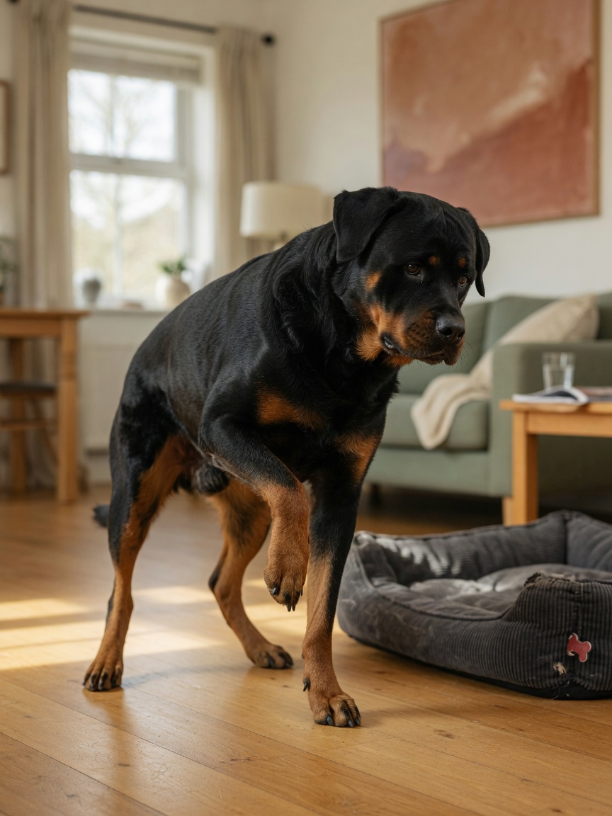 A Rottweiler demonstrating lameness and weight-bearing difficulty on a hind leg due to cruciate ligament injury
