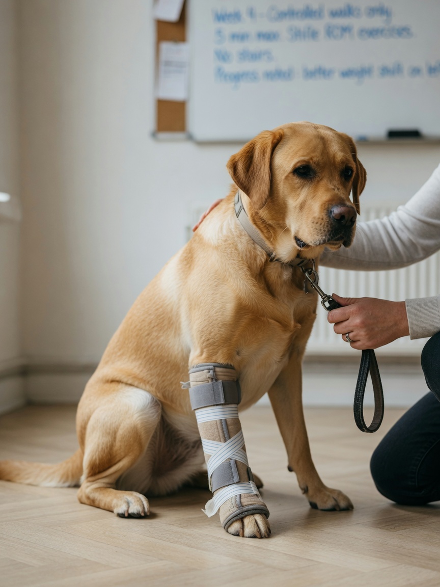 A Labrador Retriever with knee support wrap during controlled lead-based recovery walking after cruciate ligament surgery