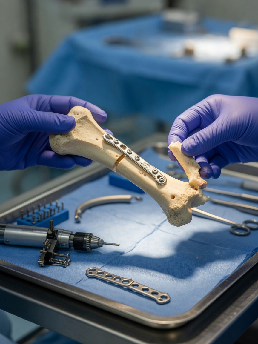 Surgical model of TPLO procedure showing tibial plateau rotation with bone plate and screw fixation