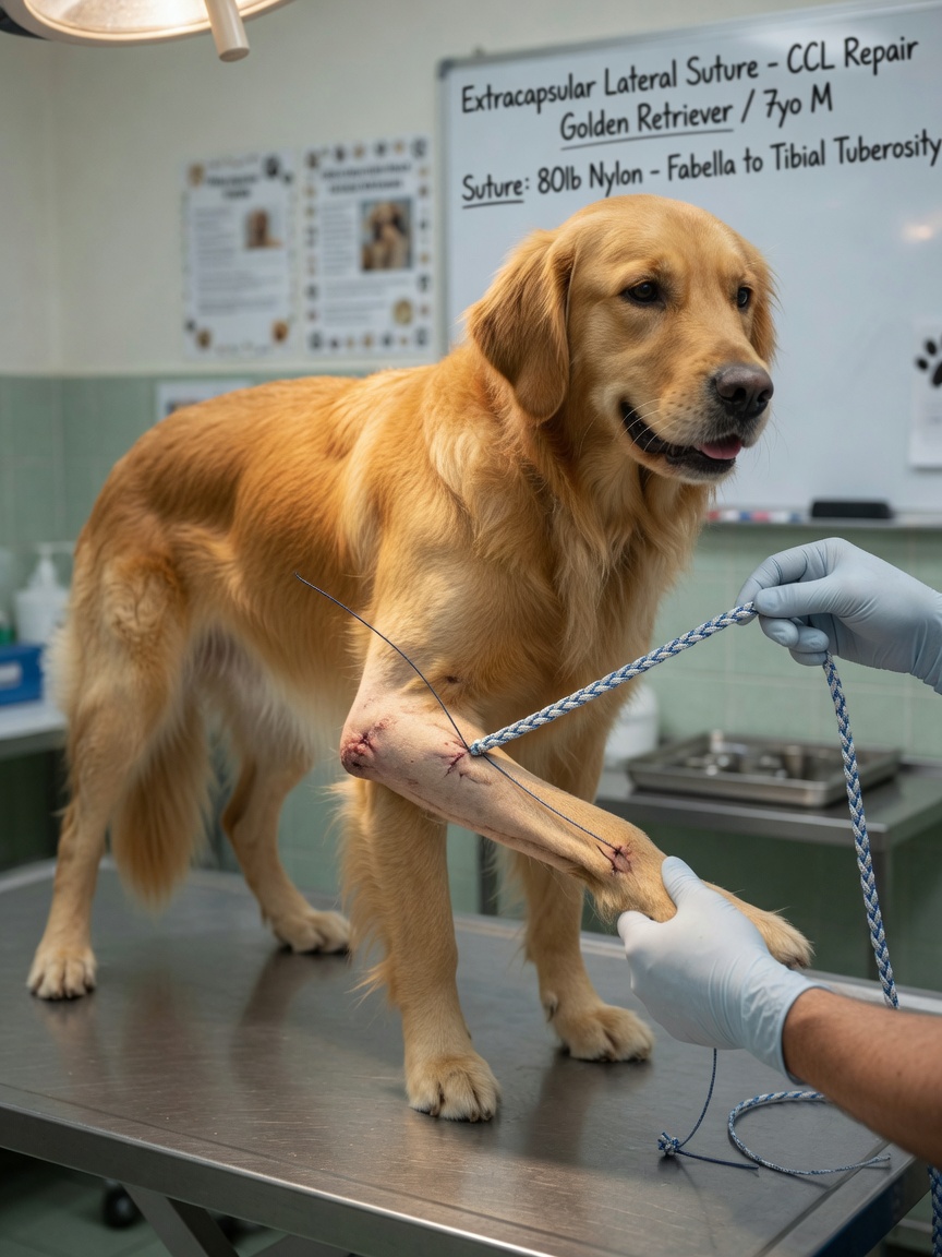 Surgeon demonstrating lateral suture extracapsular repair technique on a golden retriever's knee during orthopedic procedure
