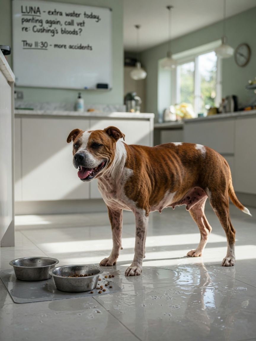 Älterer Staffordshire Bull Terrier mit sichtbaren Symptomen der Cushing-Krankheit, einschließlich übermäßiger Durst, Hängebauch-Aussehen und Haarausfall