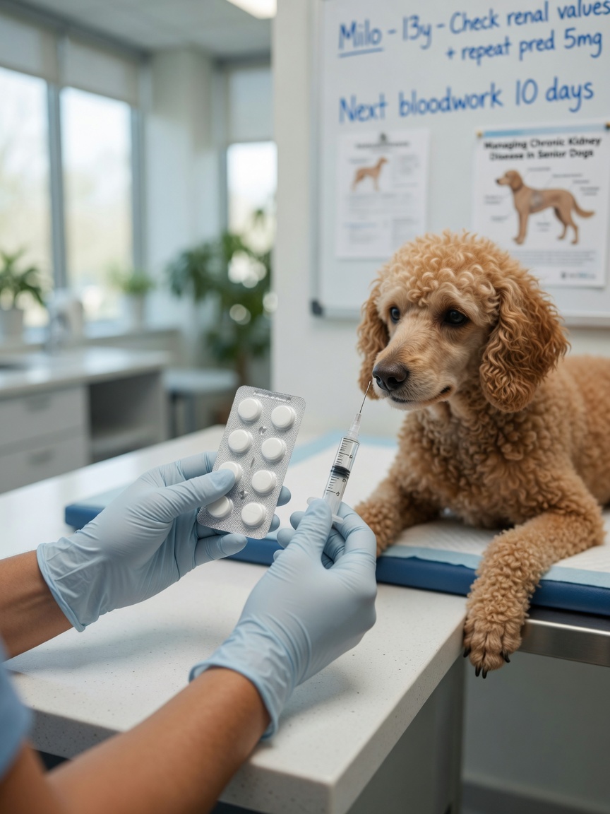 Veterinärmedikamente und Behandlungsutensilien neben einem älteren Standard-Pudel, der auf eine Cushing-Krankheit-Behandlung wartet