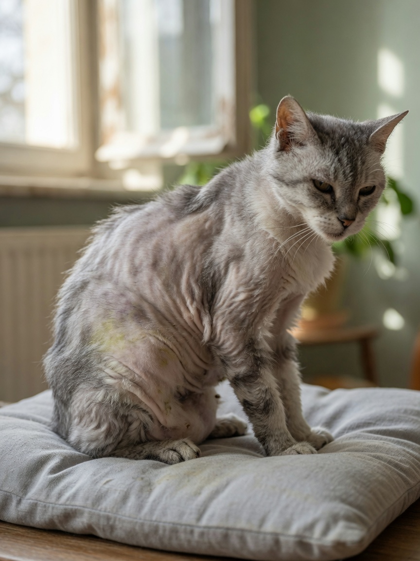 Senior cat showing characteristic signs of Cushing's disease including hair loss, abdominal sagging, and thin fragile skin