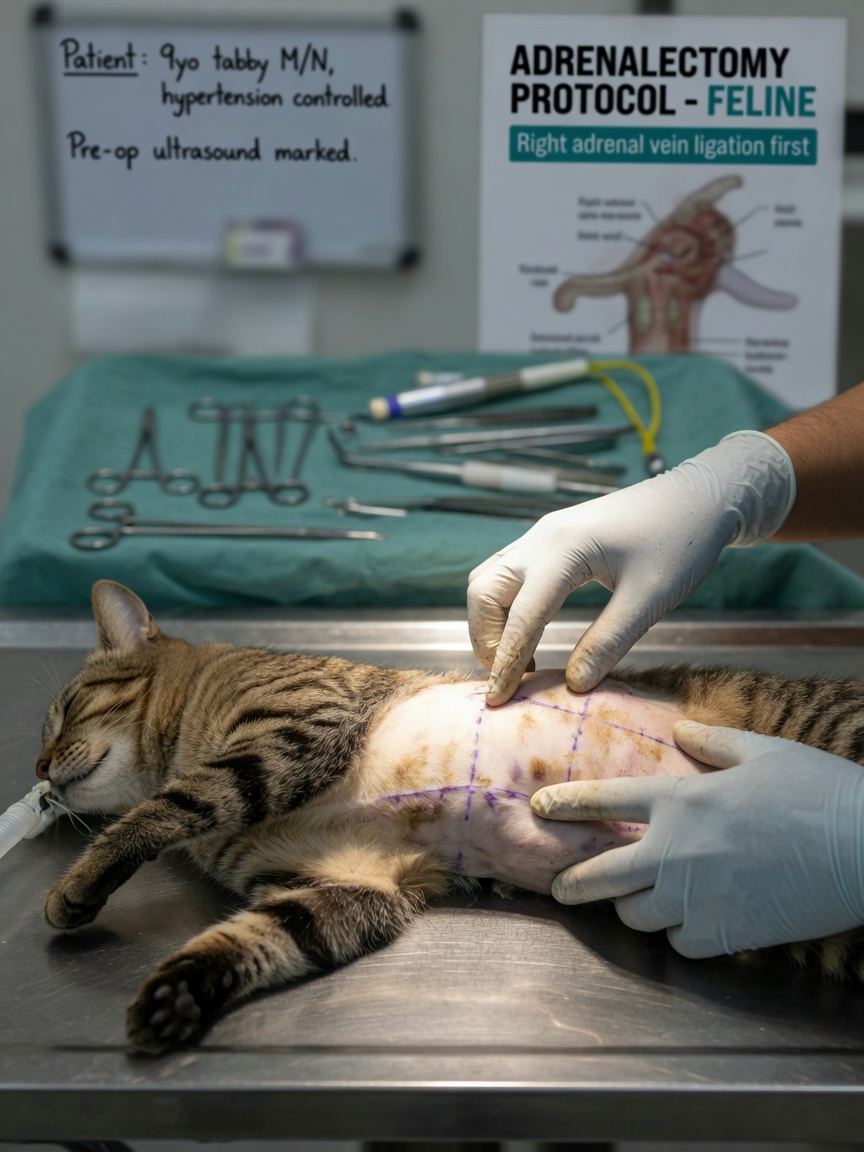 Veterinary surgeon preparing a Cushing's disease patient cat for surgical adrenalectomy procedure