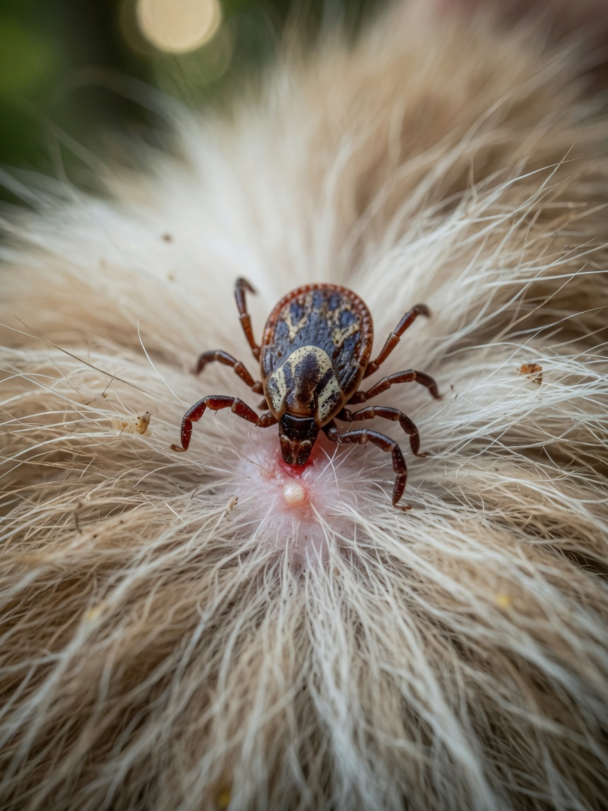 Makro-Nahaufnahme einer krankheitsübertragenden Zecke, die in dem Fell einer Hauskatze befestigt ist und den Vektor für die Übertragung von Cytauxzoonose zeigt