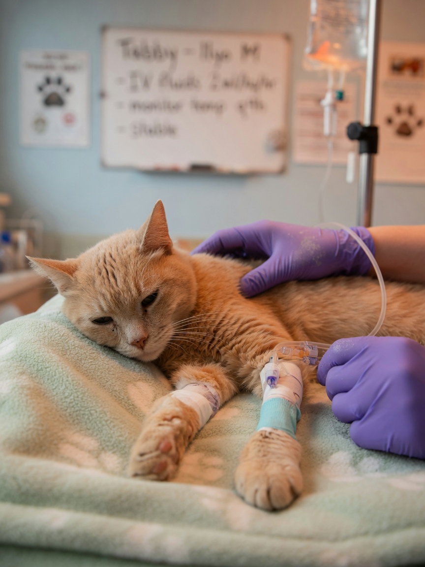 Hauskatze, die intravenöse Flüssigkeitstherapie und intensive unterstützende Pflege während der Cytauxzoonose-Behandlung in einer Tierklinik erhält