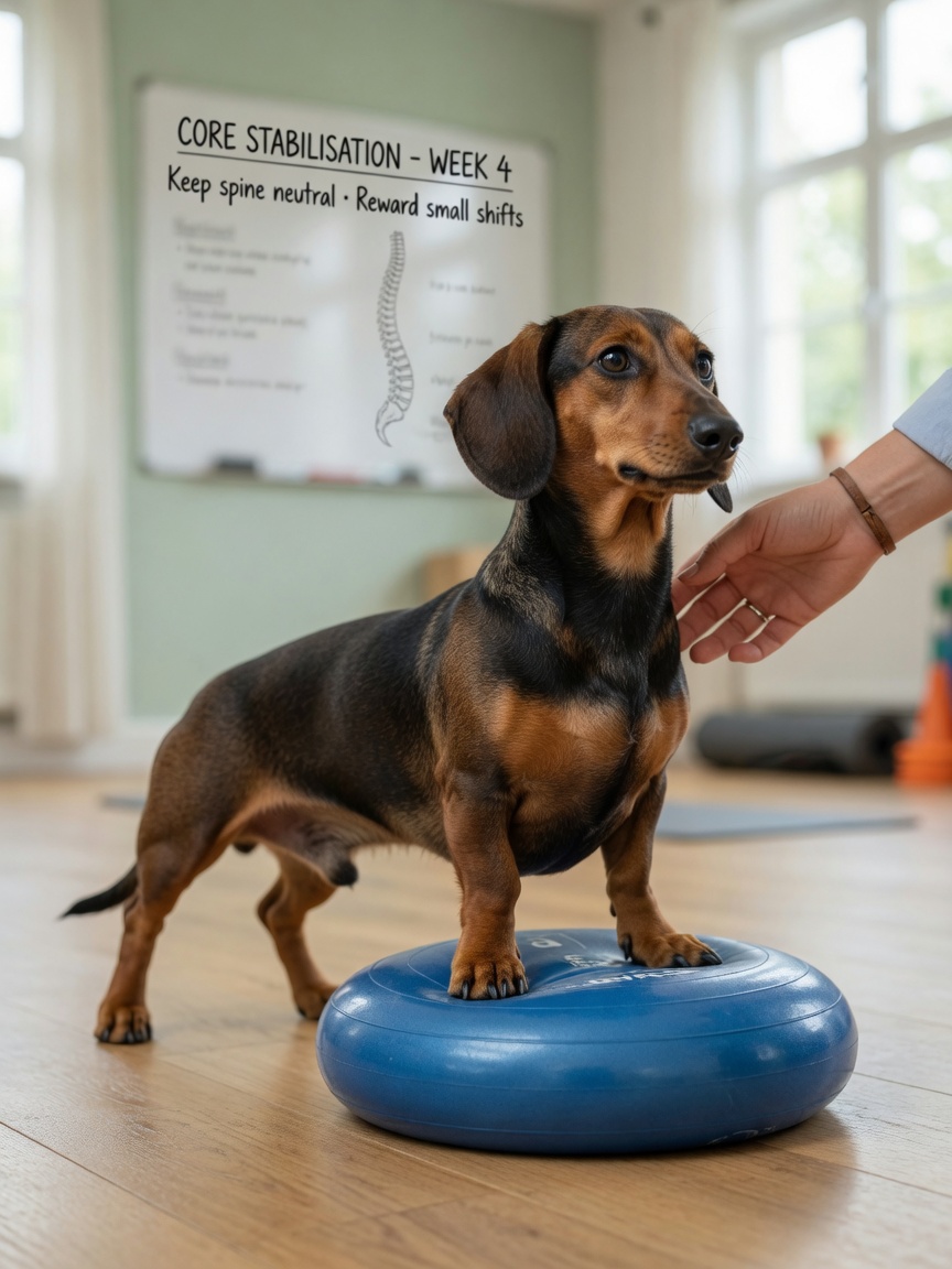 A tan and black dachshund performing balance disc training with front paws on an inflated blue disc, demonstrating core strengthening exercise with trainer nearby in a bright indoor space.