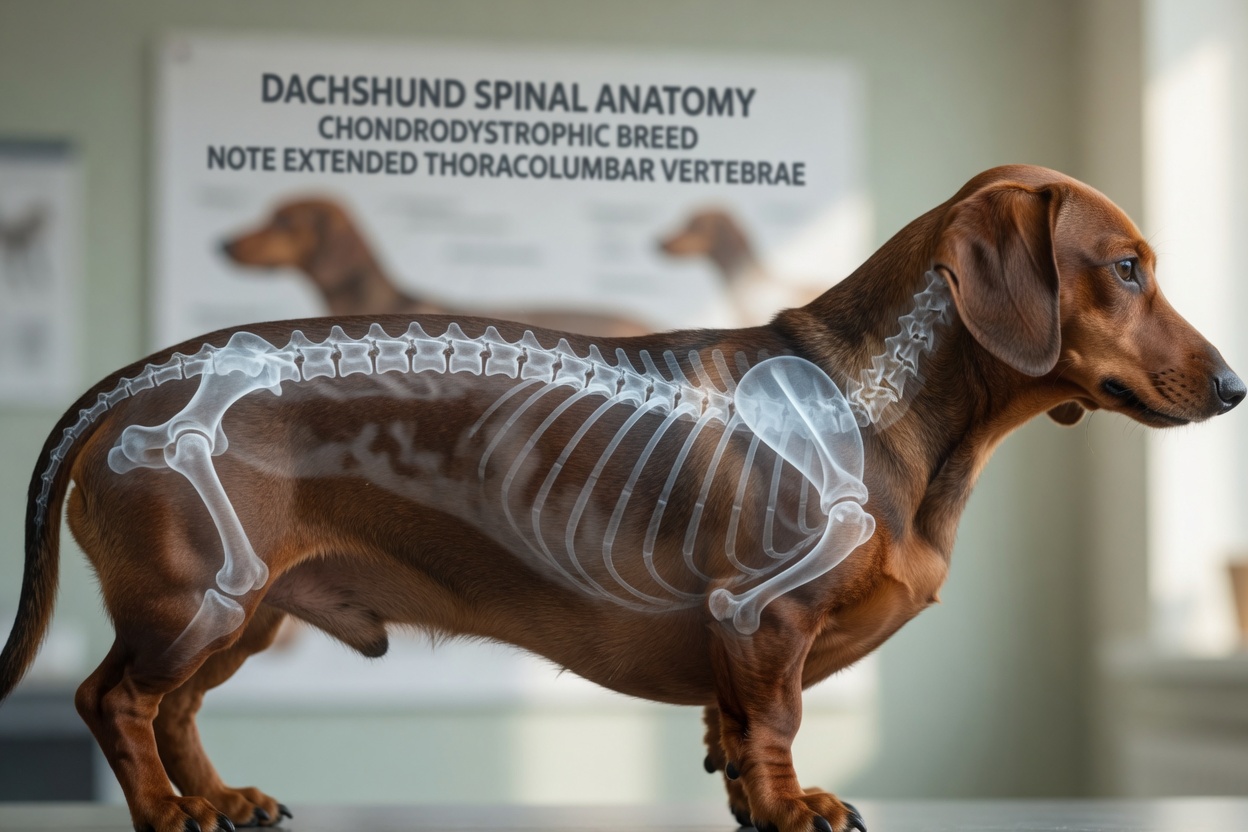 Anatomical visualization of a dachshund's elongated spine and vulnerable intervertebral disc structure