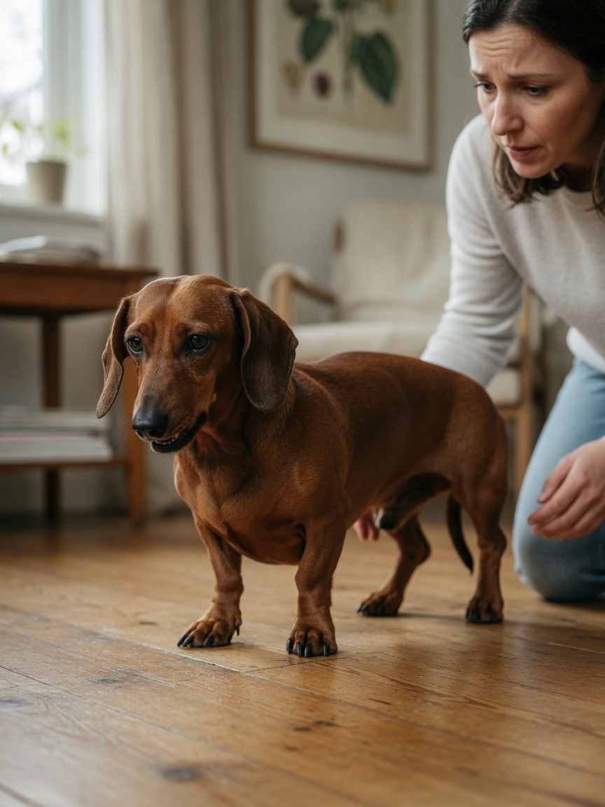 Dachshund displaying hindlimb weakness and wobbly gait characteristic of IVDD symptoms