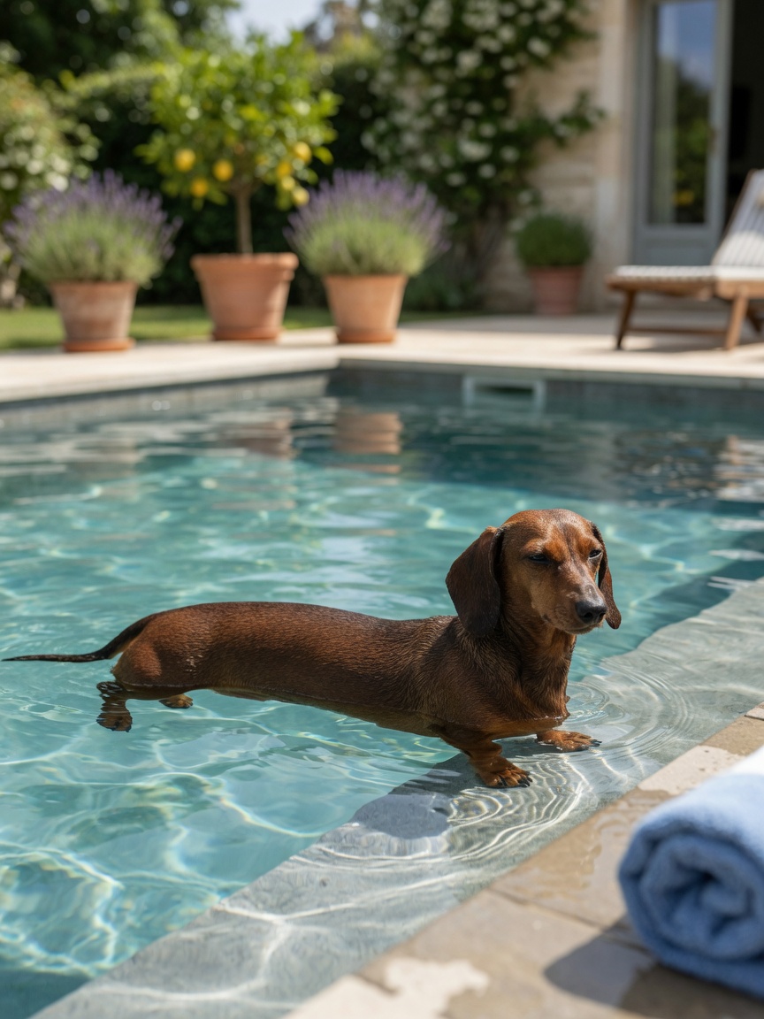 A dachshund swimming calmly in a residential pool during daytime