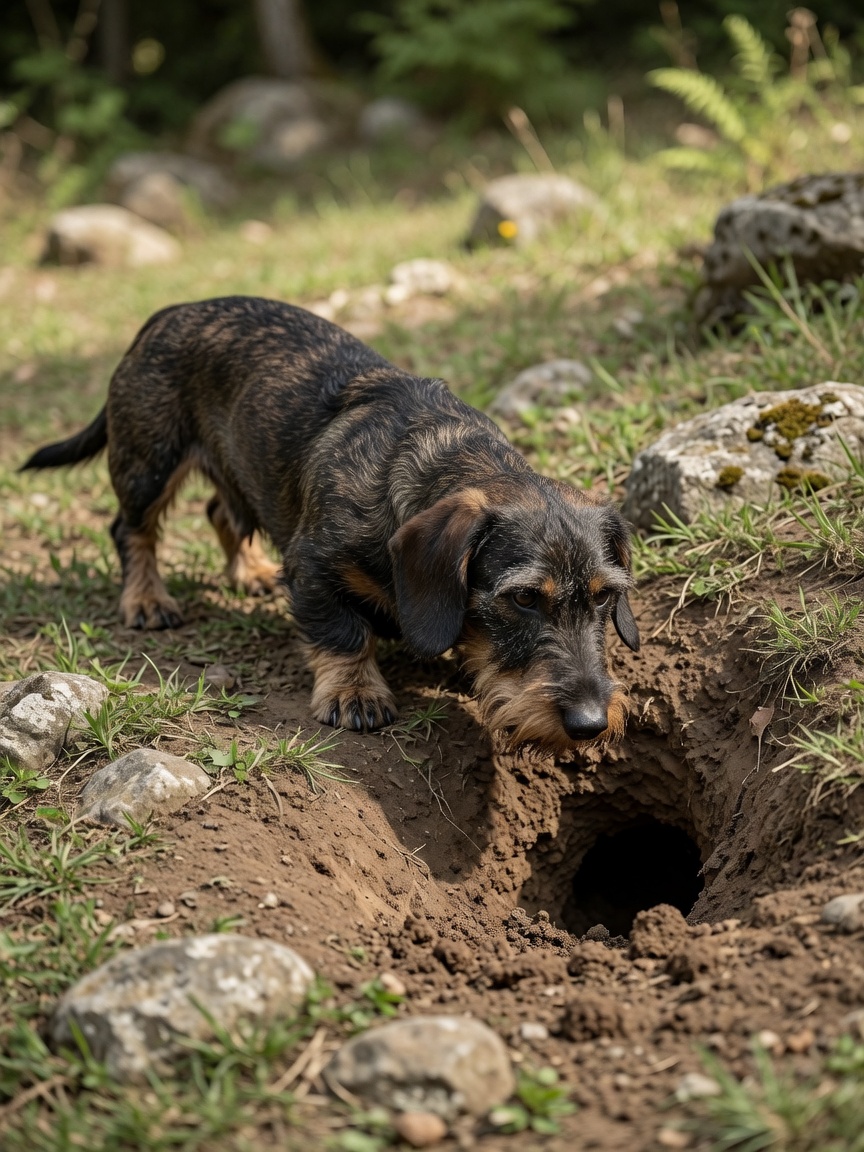 A wirehaired Dachshund with bushy beard crouched at a burrow entrance, showing hunting heritage