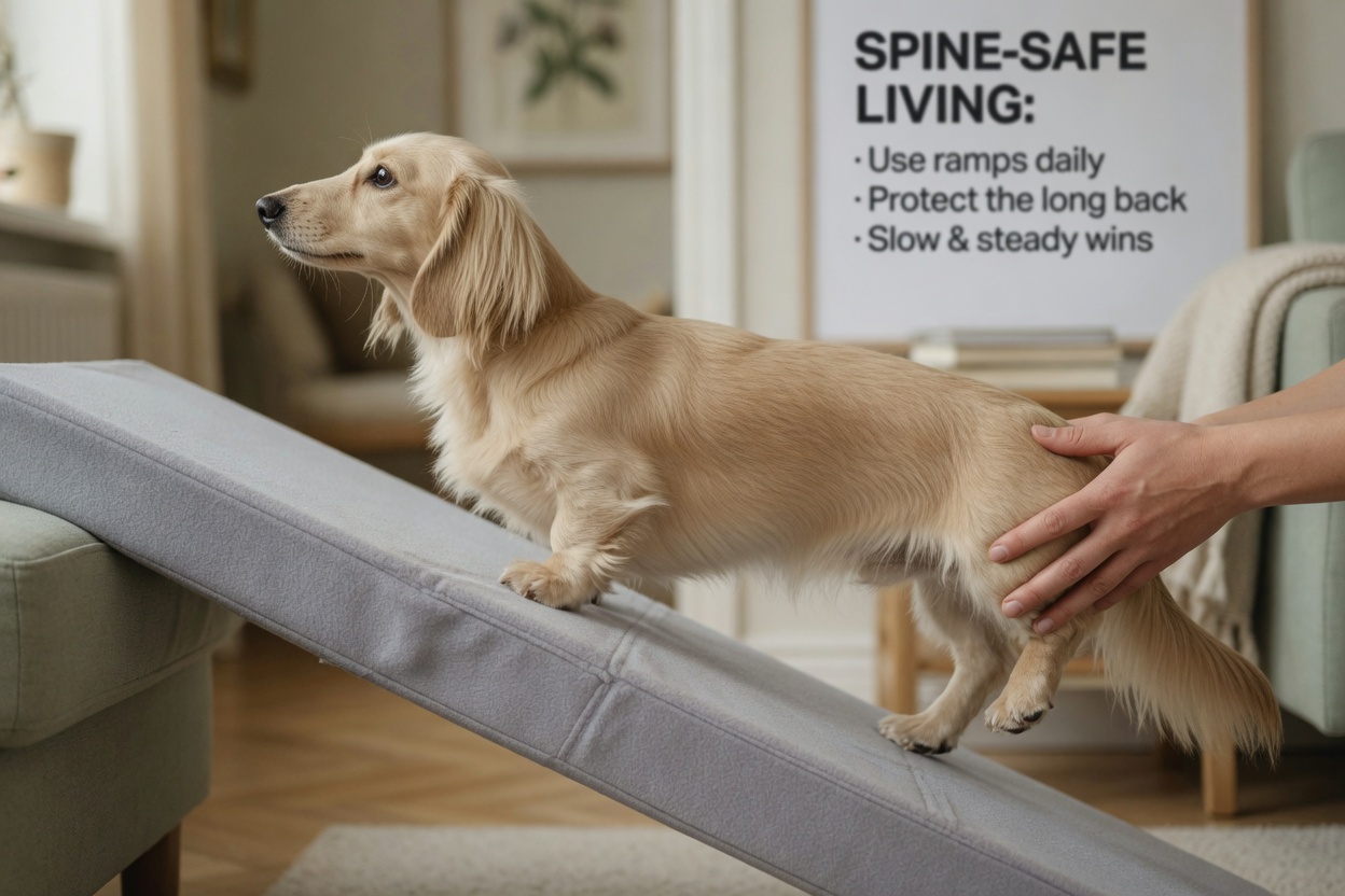A longhaired Dachshund using a foam ramp with human assistance, demonstrating spinal injury prevention
