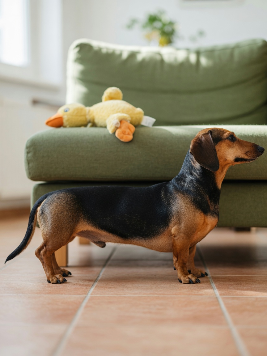 Dachshund showing its characteristic long back and short legs standing beside a sofa