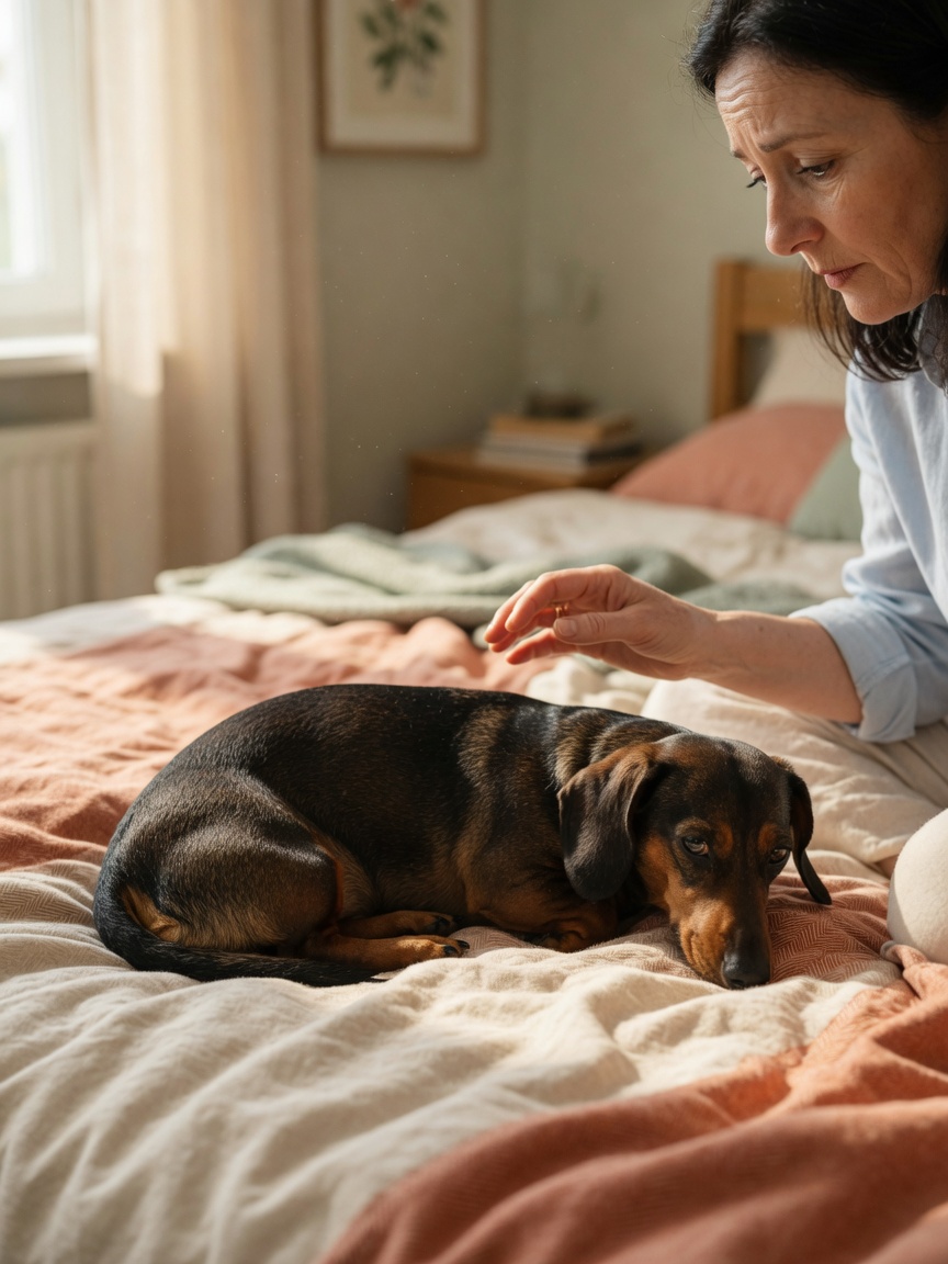 Owner observing a dachshund with a hunched back posture resting on a bed at home
