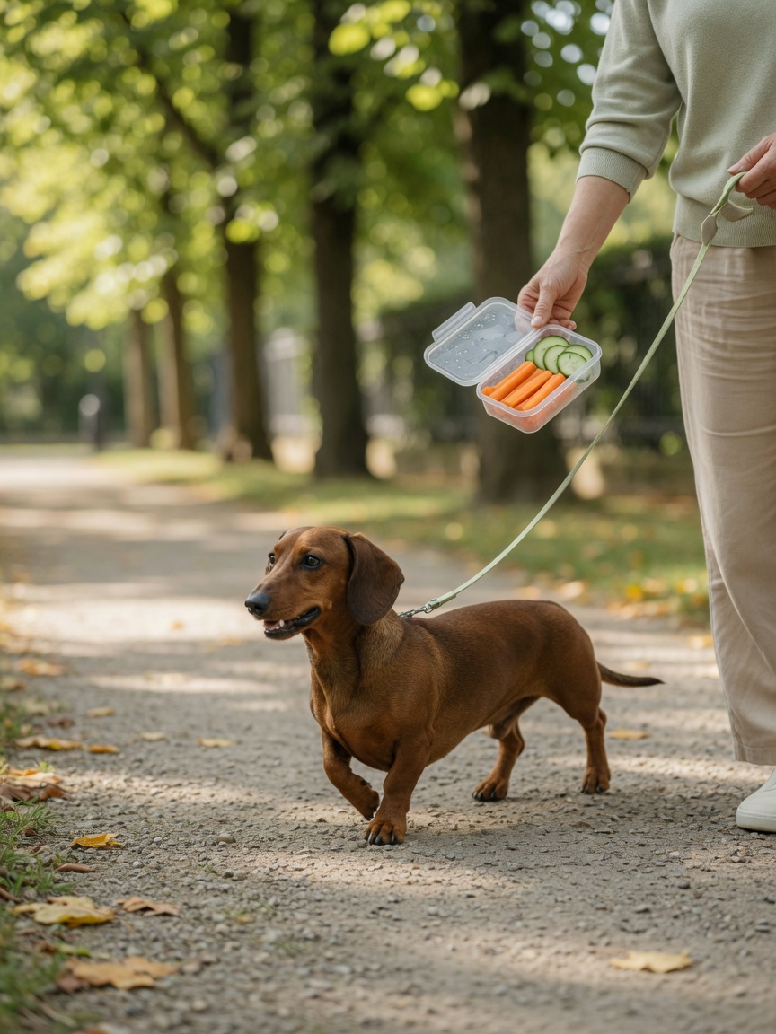 Bassotto in una passeggiata tranquilla con il proprietario, mostrando esercizio salutare e snack vegetali a basso contenuto calorico