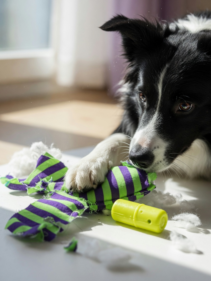 Close-up of a border collie extracting a loose plastic squeaker from a cheap toy