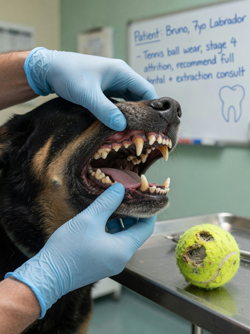 Veterinary examination showing worn dental enamel in a dog's mouth caused by tennis ball chewing