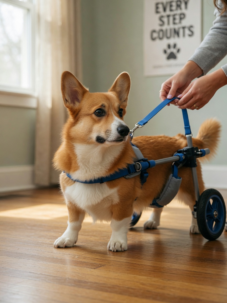 Pembroke Welsh Corgi with red and white coat using a custom hind limb wheelchair with owner's supportive hands guiding from behind