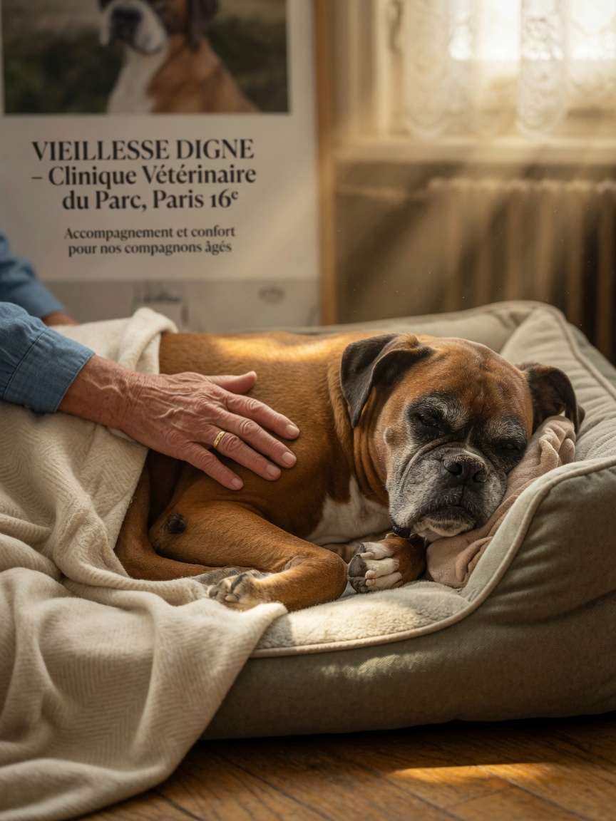Elderly Boxer with fawn coat resting peacefully on orthopedic bed with owner's gentle hand and warm window light