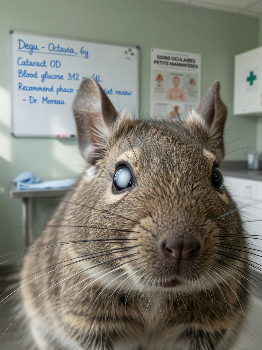 Close-up of degu's face showing cataract in eye from diabetes