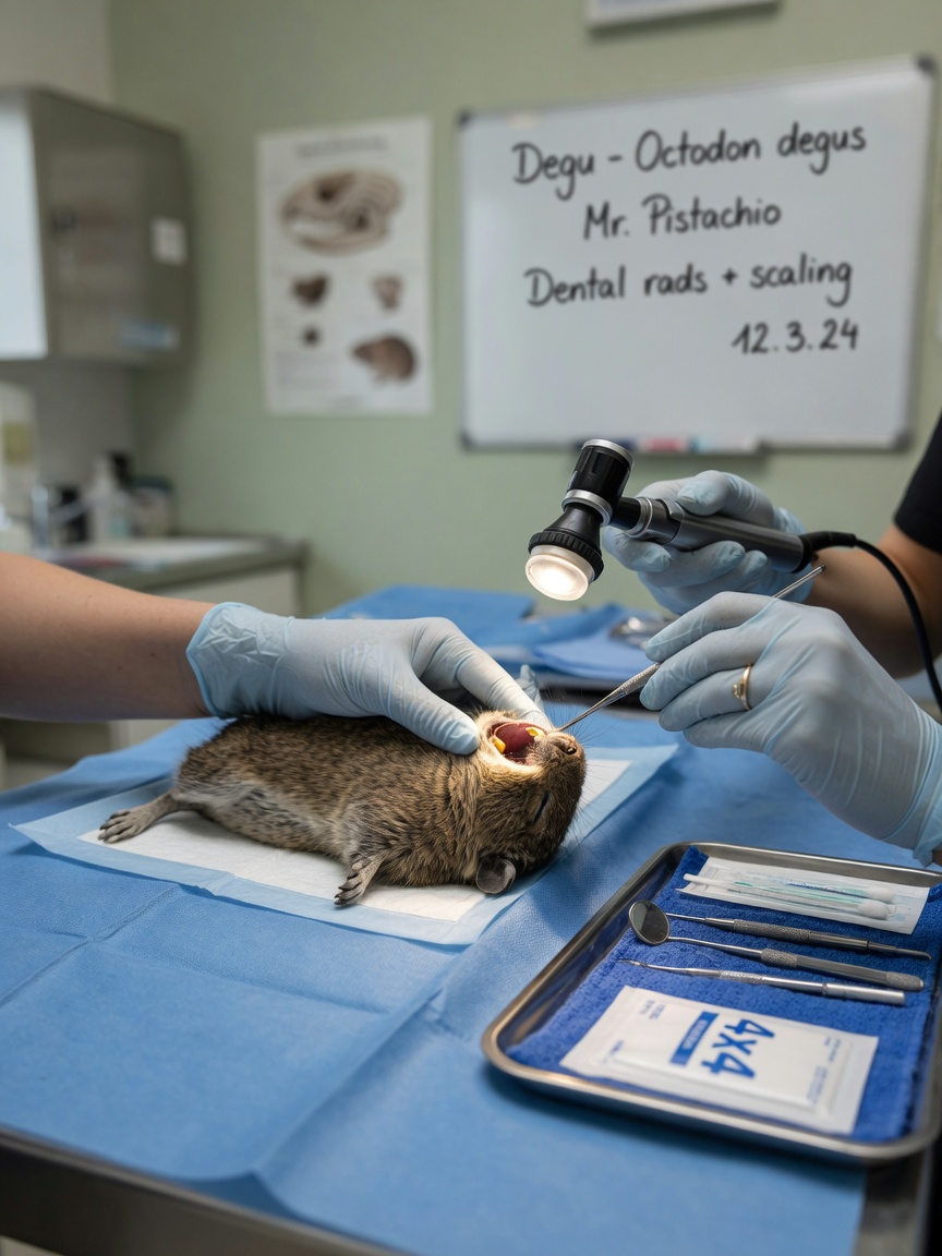 Veterinarian performing dental examination on sedated degu with otoscope and instruments