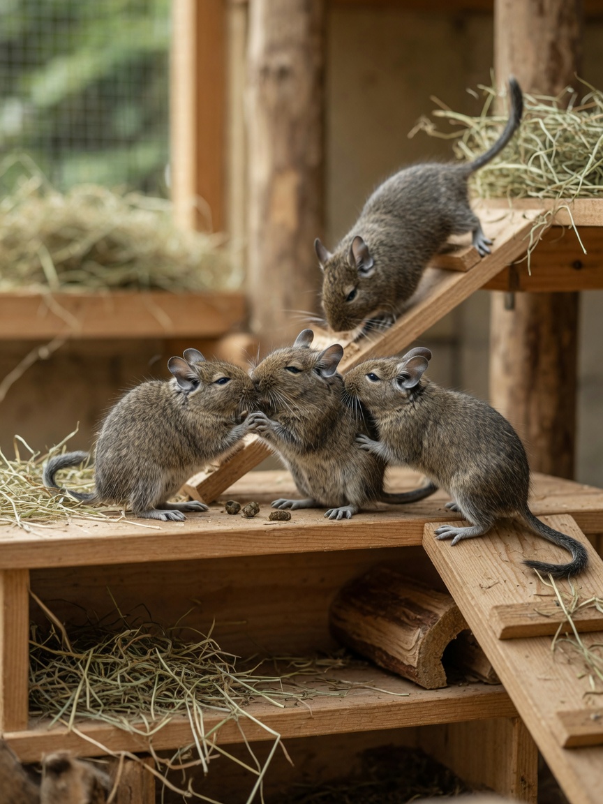 A group of four degus interacting and grooming together on wooden platforms in their multi-level cage