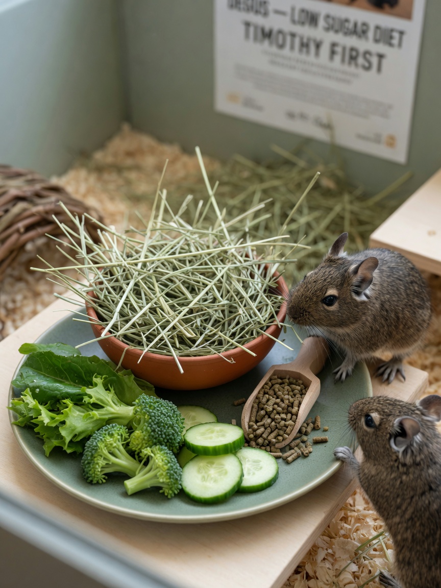Fresh timothy hay, low-sugar vegetables, and degu pellets in a food bowl with a small degu approaching the meal