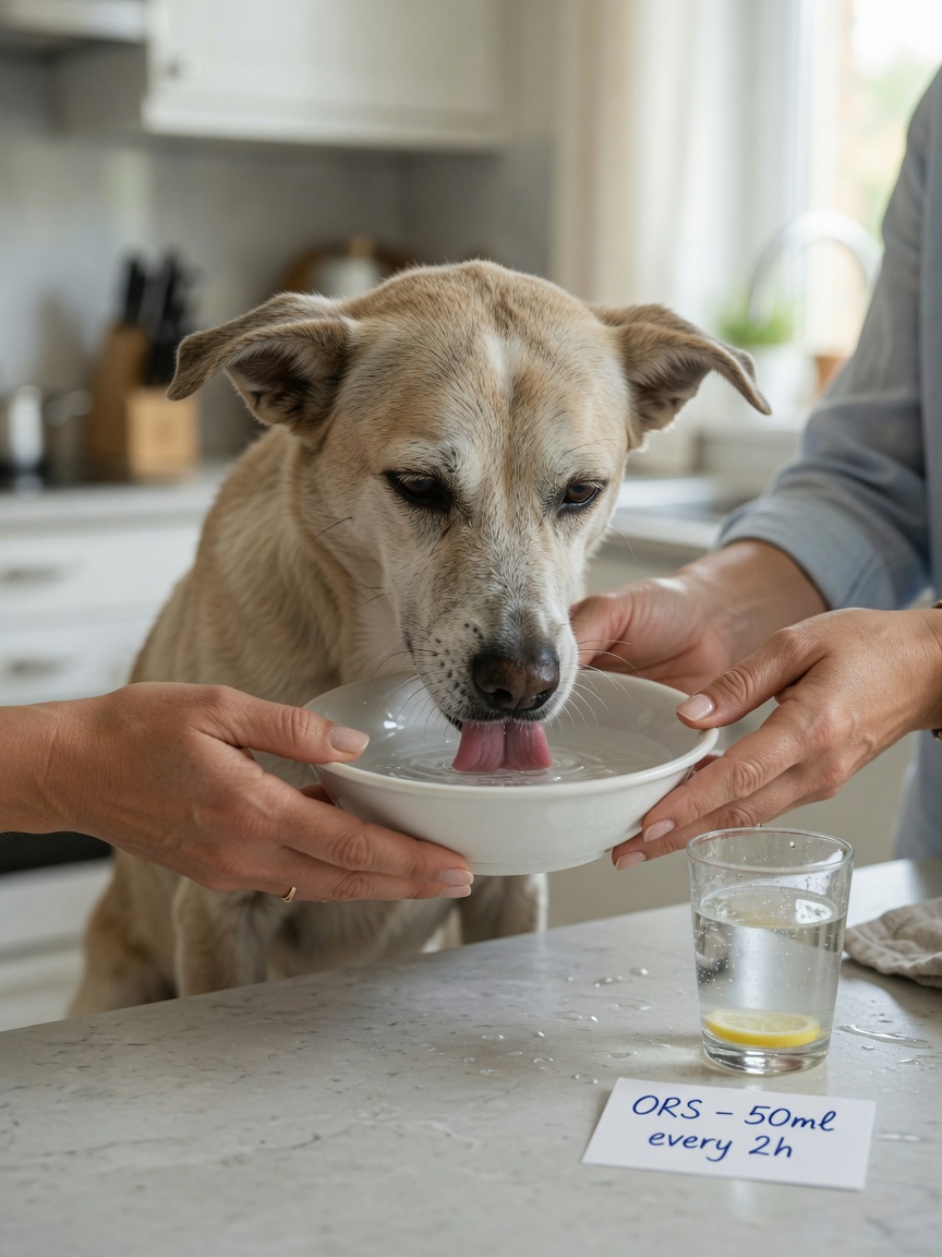 Chien buvant avec précaution de petites quantités d'eau dans un bol peu profond pendant le traitement de réhydratation à domicile