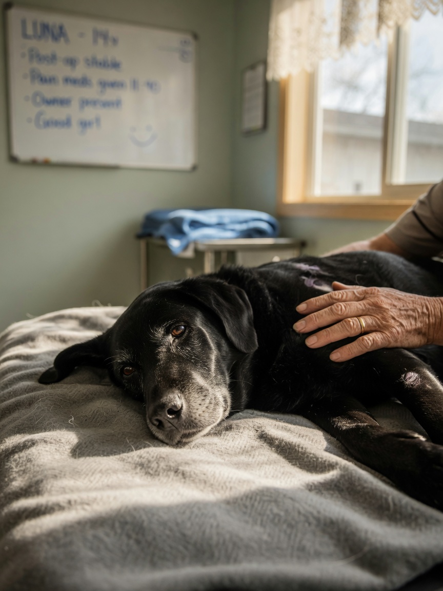 Senior black Labrador resting peacefully on a soft blanket after anaesthesia with owner's hand gently on shoulder in warm window light