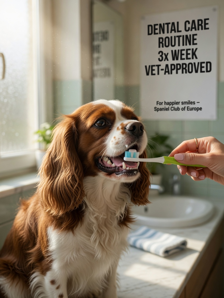 Owner brushing brown and white spaniel's teeth with pet-safe toothbrush in bright bathroom during morning home dental care routine