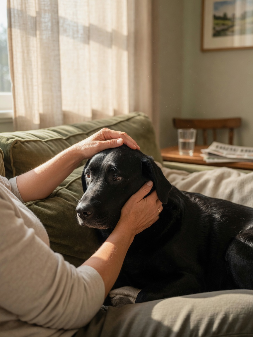 Owner gently comforting grieving black Labrador retriever with hand on head while sitting together on soft couch in warm natural light