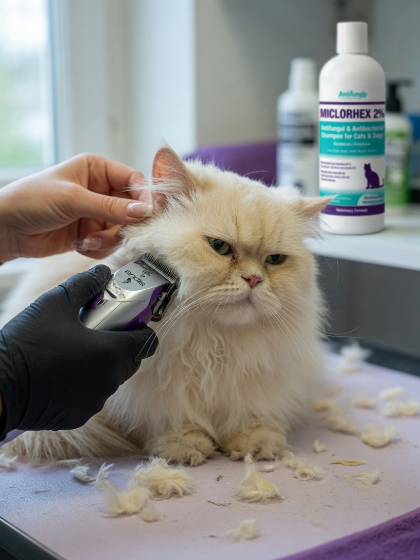 Professional groomer carefully clipping a long-haired cat's coat to reduce fungal load before topical antifungal treatment